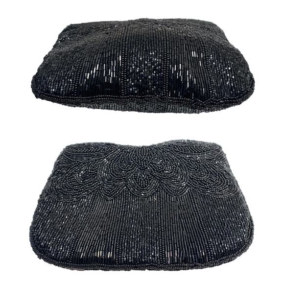 80s does 40s Black Beaded Silk Evening Bag | Small Clutch with Glass Beads - Picture 8 of 11